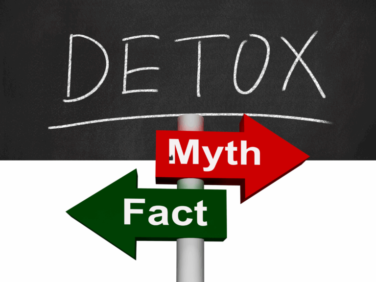 Concept image with the word ‘DETOX’ written on a chalkboard, and two arrows labeled ‘Myth’ (red, pointing right) and ‘Fact’ (green, pointing left), representing the difference between detox